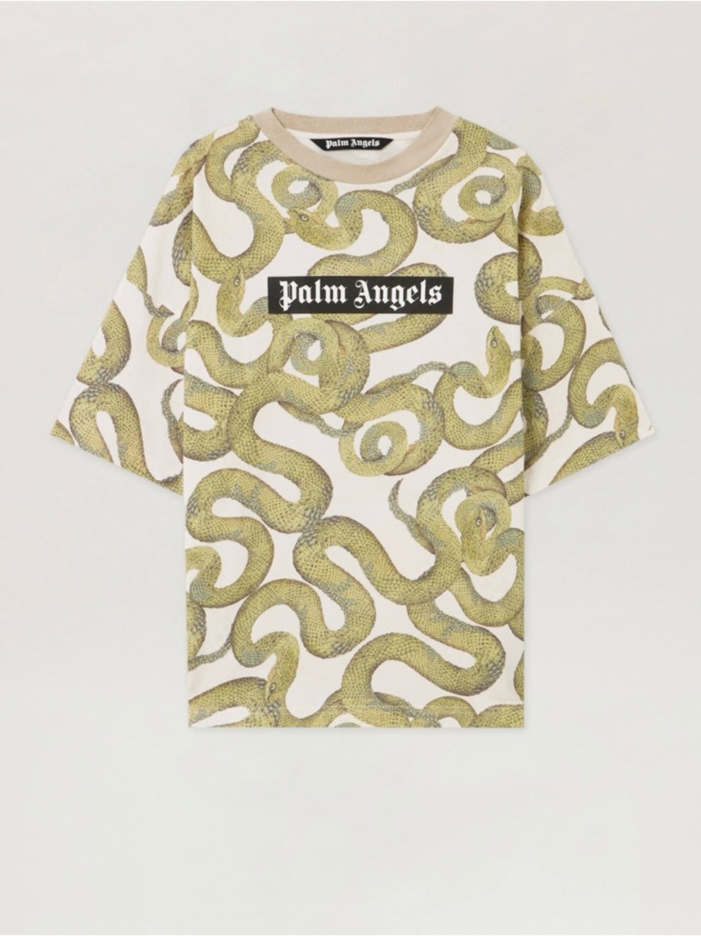Palm Angels Cream Tee with Yellow Snake Print and Black Logo